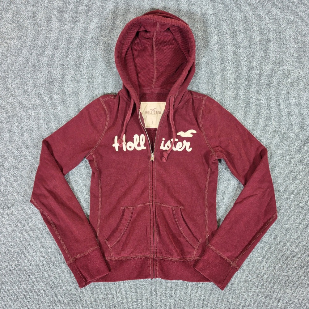 Y2K 2000s Hollister Maroon Full Zip Graphic Hoodie Sweatshirt Women S Burgundy